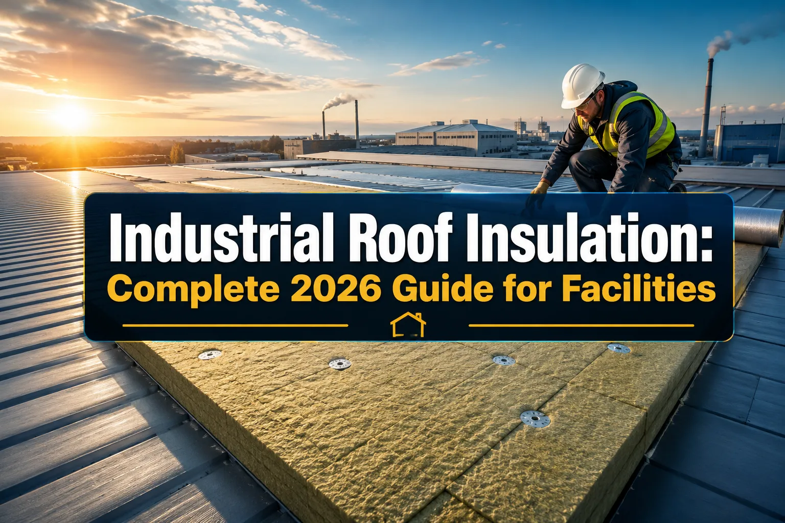 Industrial Roof Insulation guide banner with a worker fixing insulation boards on a roof