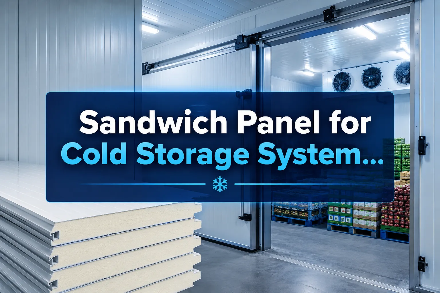 Sandwich Panel for Cold Storage System banner with a cold store opening onto stocked shelves